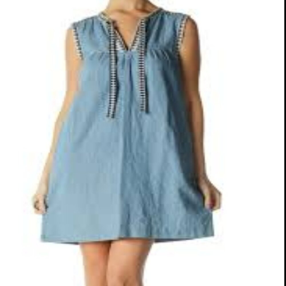 J Crew Blue Denim Chambray Boho Aztec V Neck Sleeveless Tie Front Dress